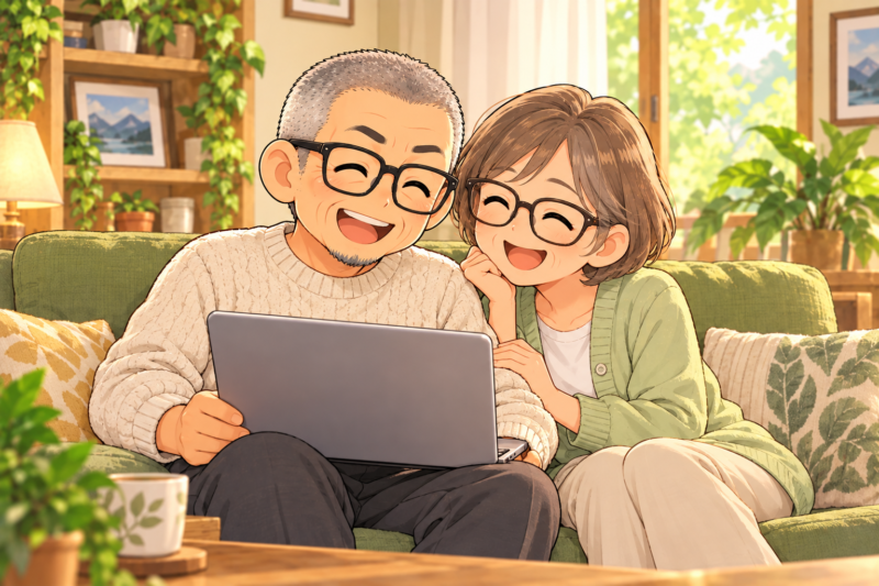 老後の二人、楽しそうにパソコンを見る様子。