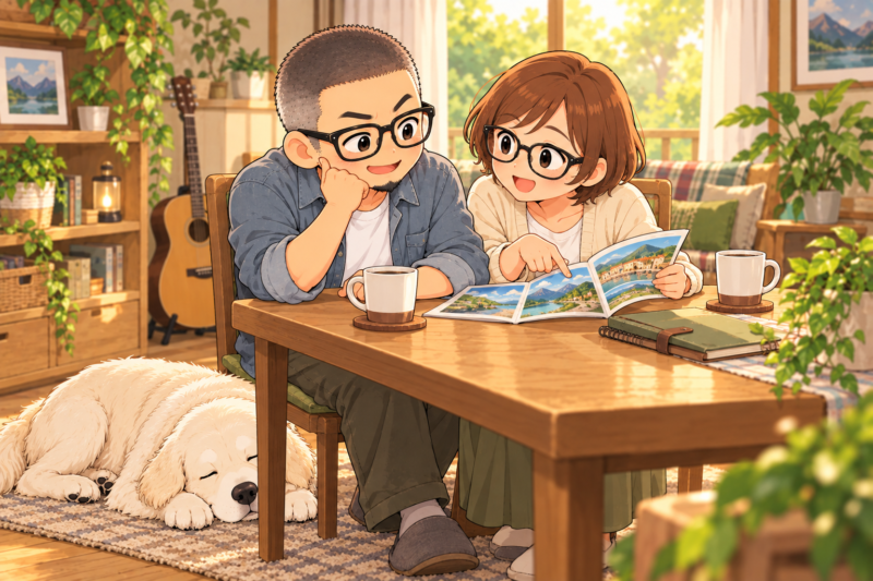 夫婦で旅行の計画を立てる様子。