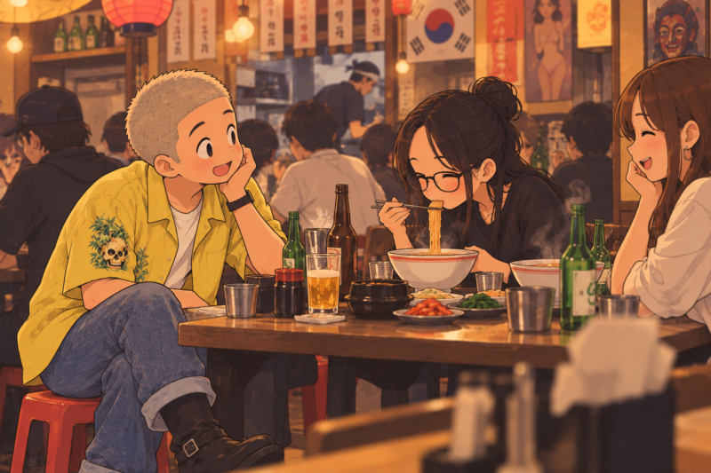 居酒屋で初めて出会う若い二人。髪をまとめた妻がラーメンを食べ、向かい側で私が少し驚きながら笑っている。