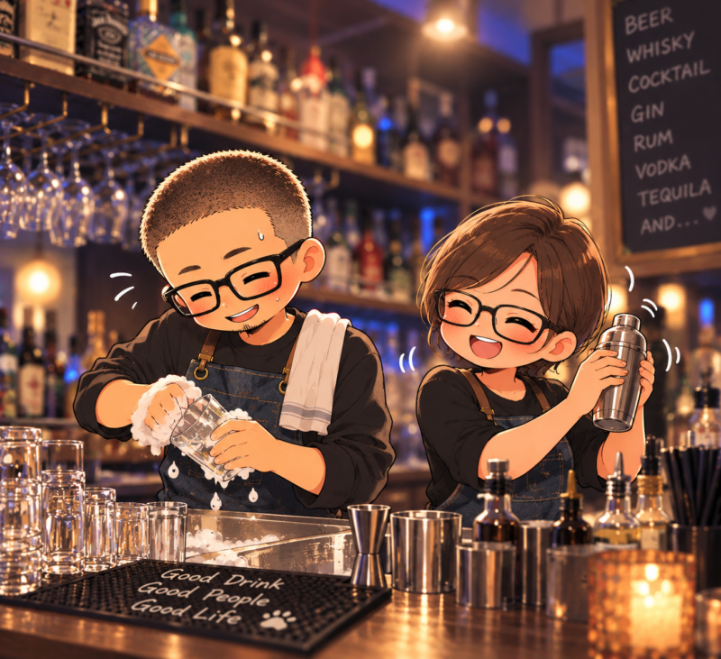 ライブハウス35周年記念イベントでドリンクを提供する54歳夫婦のイラスト