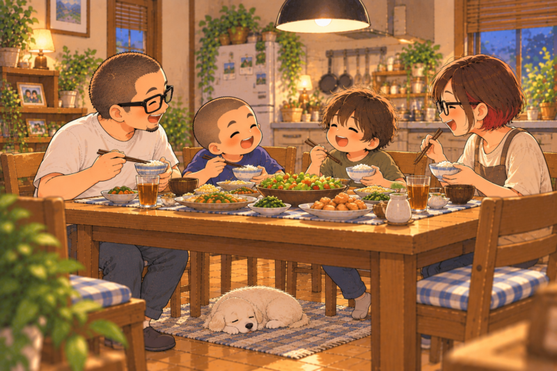 家族4人で夕食を囲み、足元には白いワンコ。みんなで笑いながら話をしている温かな食卓