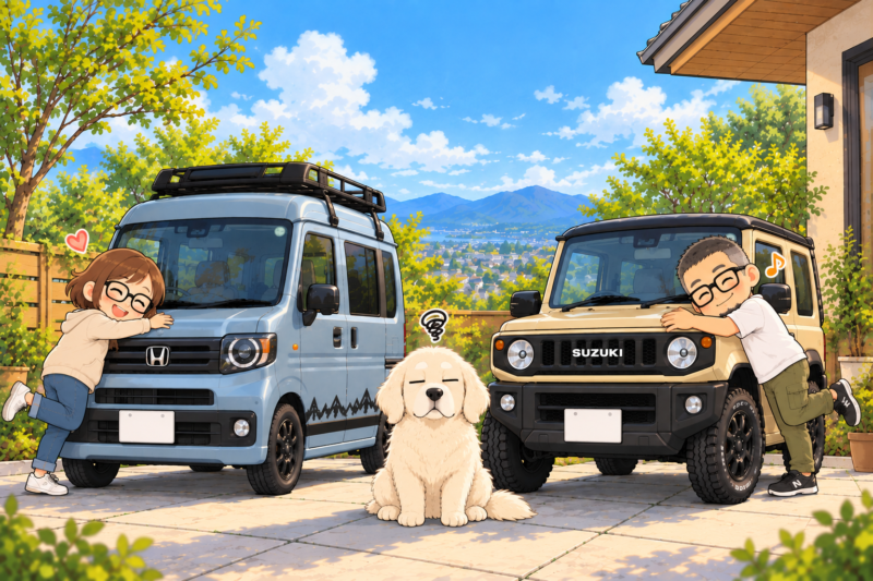 N-VANの横で嬉しそうな妻。ジムニーの横で嬉しそうな私。中央で「結局また2台買うんかい」と言いたそうに呆れている白いワンコ