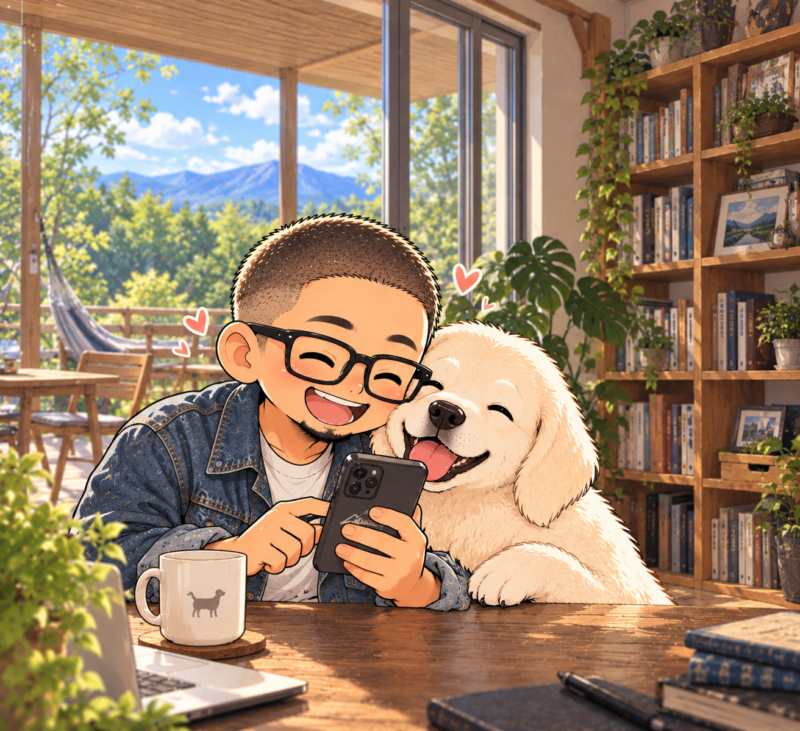 LINEスタンプ無事登録完了、ワンコと喜ぶ
