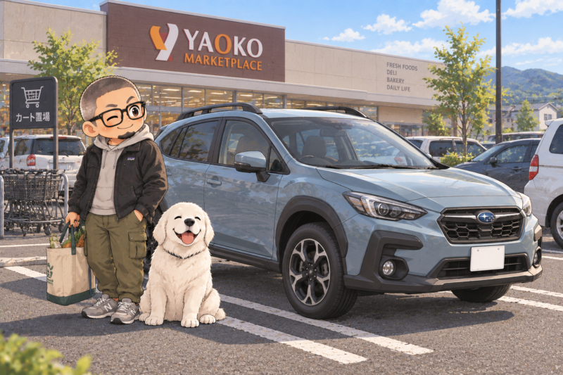 ワンコとクロストレック、スーパーの駐車場にて