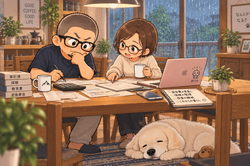 ダイニングテーブルで私と妻が家計簿や電卓を広げて作戦会議。テーブル上にはPCの「AIさん」。足元には白いワンコが退屈そうに寝ている。