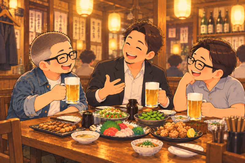 居酒屋のテーブルを囲む3人。元古着屋の私、会社経営者、会社員。それぞれ雰囲気は違うけれど、楽しそうに笑っている