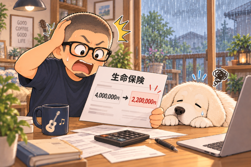 テーブルの上に保険証券を広げ、私が「え?」という顔で固まっている。隣には白いゴールデンレトリバー。