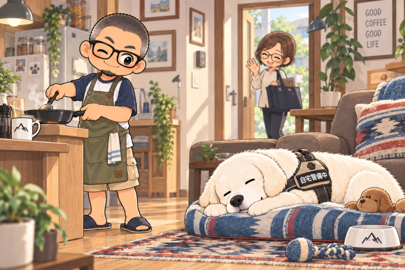 自宅で休憩する白いゴールデンレトリバーのイラスト