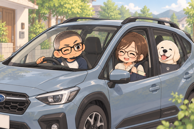 介護職員初任者研修に通う妻を車で送迎する夫と白いゴールデンレトリバーのイラスト