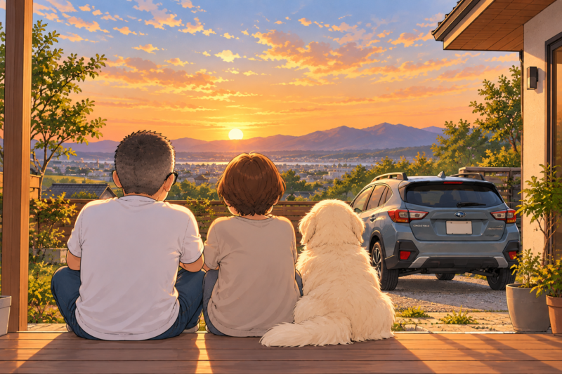 少し先の未来を眺める私と妻の後ろ姿。白いワンコも一緒。家の前には車が1台
