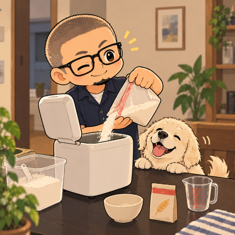 ホームベーカリーにパンの粉を入れている私。