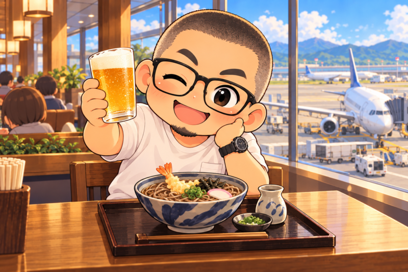 羽田空港で身軽になってくつろぐ私。手にはビール。