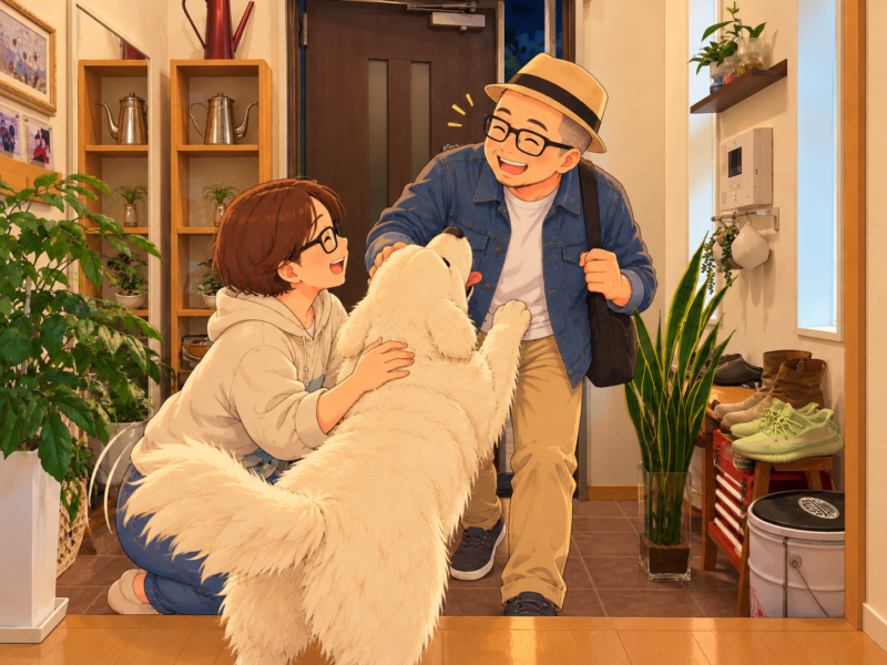 夜、家の玄関に笑顔で帰ってきた私を、妻と白いワンコが迎える場面。