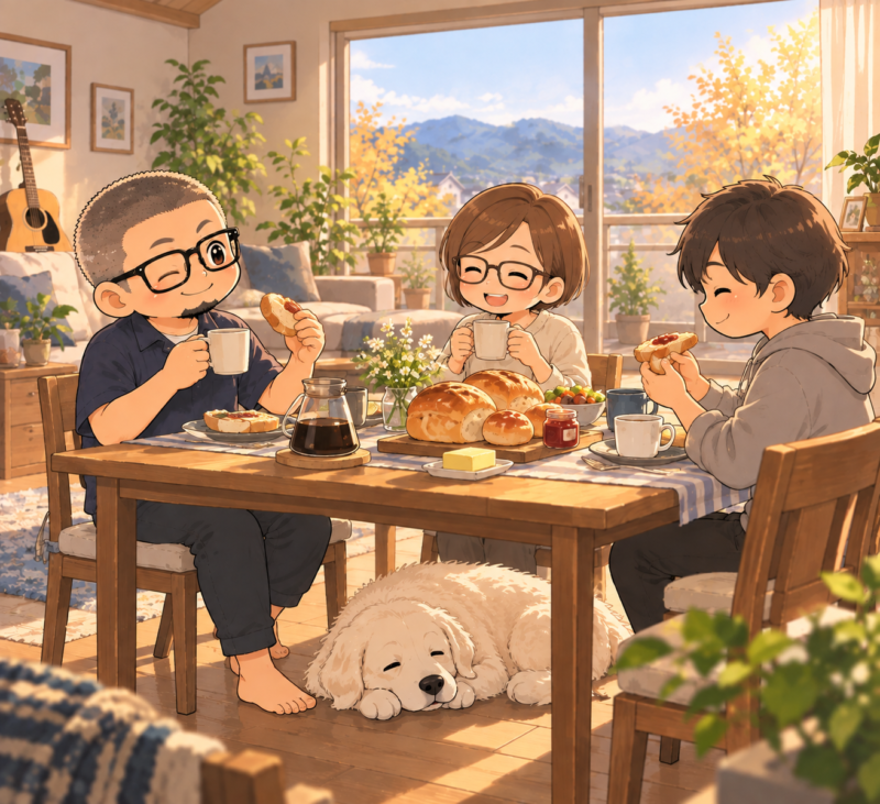 私・妻・次男の3人が2階リビングで朝食。テーブルには焼きたてパンとコーヒー。