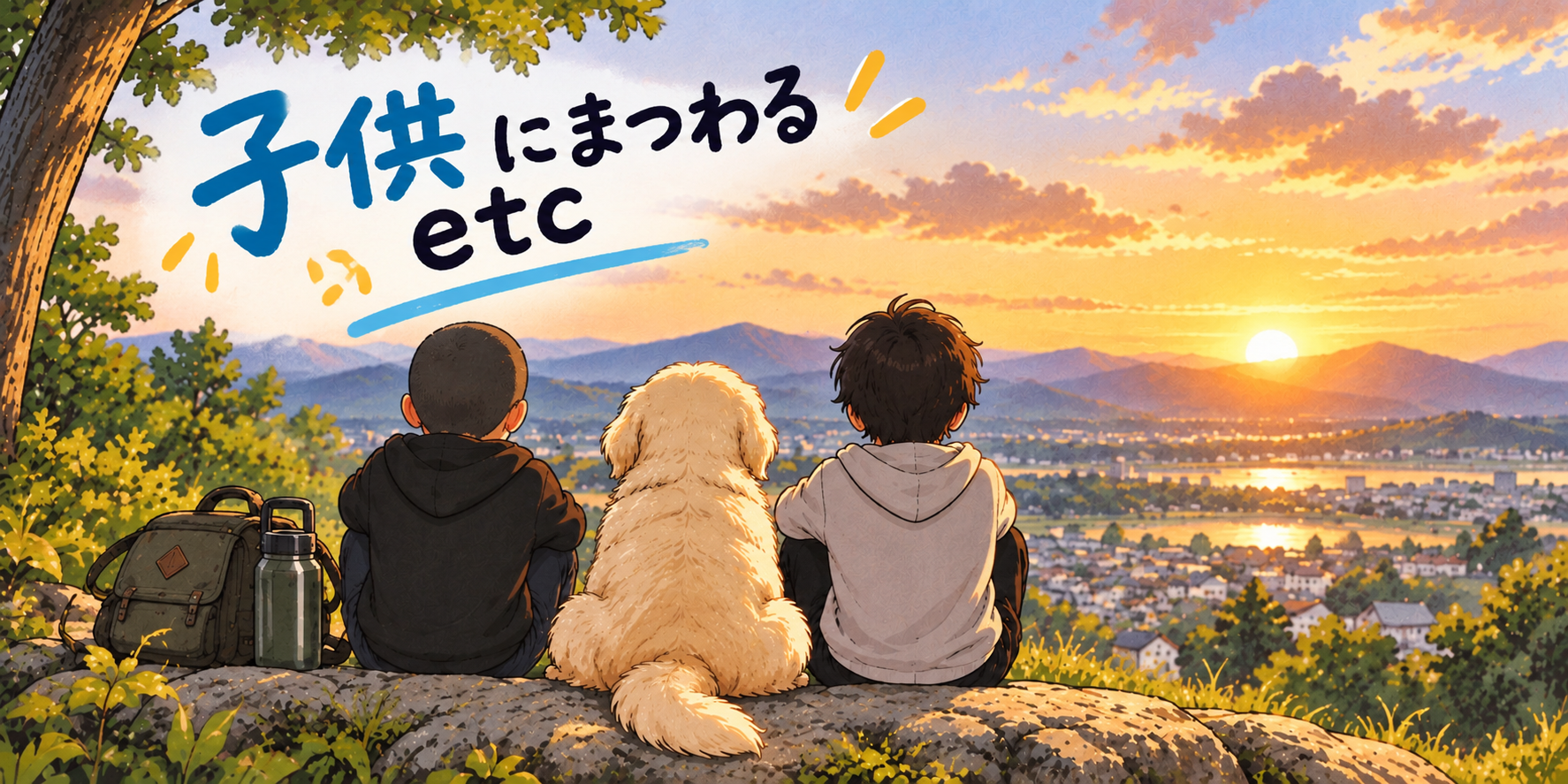 二人の息子と間にワンコ。夕陽に向かって座ってる後ろ姿