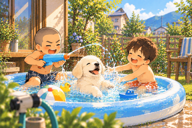 幼い兄弟2人と白いゴールデンレトリバーが庭のビニールプールで遊んでいる夏の風景