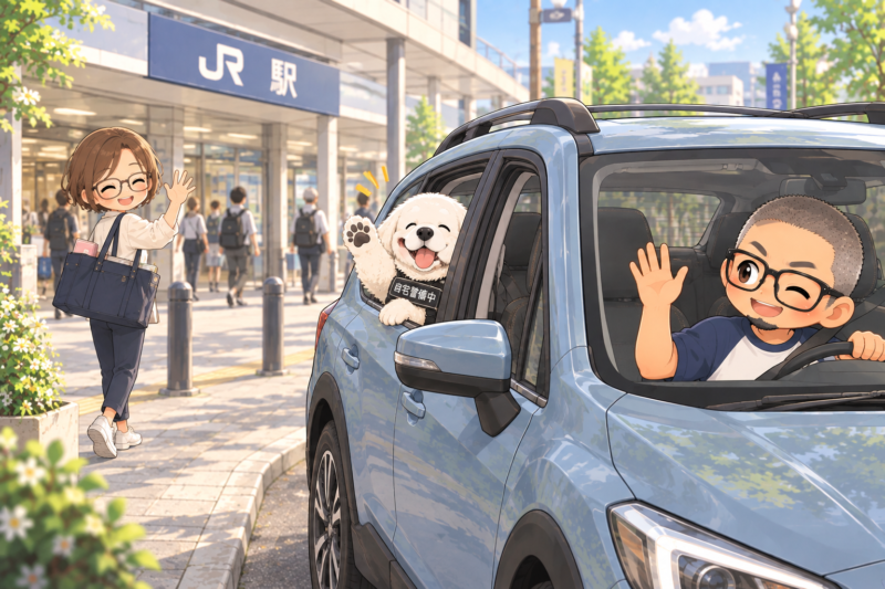 研修に向かう妻を駅前で見送る夫のイラスト