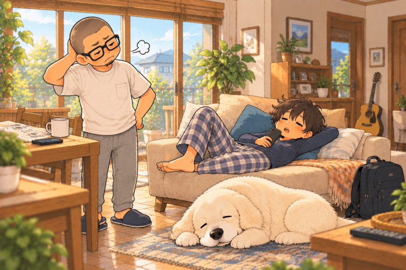 朝のリビング。学校へ行くと思っている父と、パジャマ姿でのんびりしている高校生の次男。横には白いワンコ
