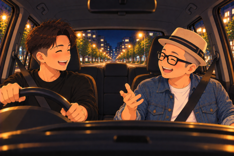 夜の車内。助手席の私が運転する若者と楽しそうに話している場面。窓の外には穏やかな街の灯り。