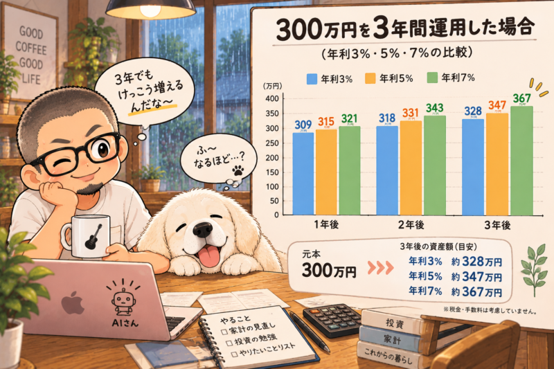 300万円を3年間運用した場合のグラフ。イラスト