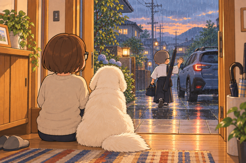 弓を持って出かける私を、妻と白いワンコが玄関から見送っている。外は小雨。