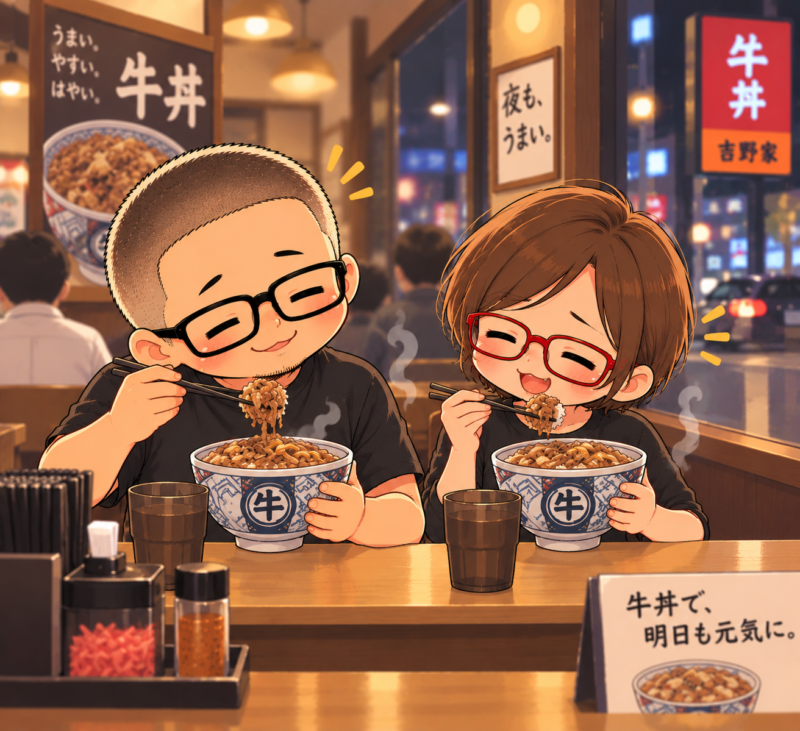 夜の牛丼店で、疲れ切った夫婦が並んで牛丼を食べている。
