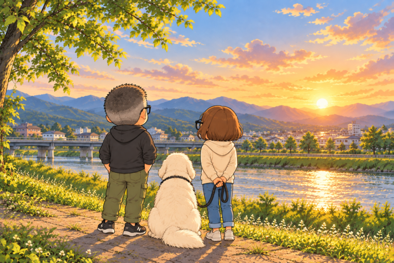 私と妻と白いワンコの後ろ姿。少し先の明るい未来を眺めているような川べりお散歩