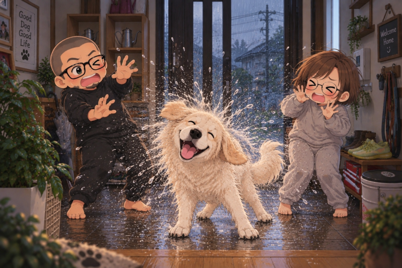 玄関でブルブルして雫を飛ばすワンコ