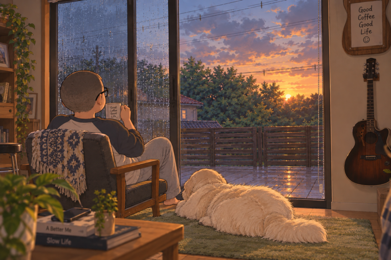 雨上がりの夕方、少し日が射してきた外を眺める父とワンコ