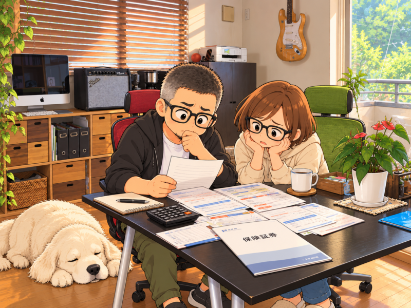 テーブルの上に保険証券を広げ、妻と私が「あーでもない、こーでもない」と話している。白いワンコは横で寝ている