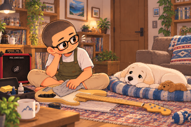 父がベースを磨きながら「俺、ベース弾かないんだけどな…」という感じ。横で白いワンコが寝ている