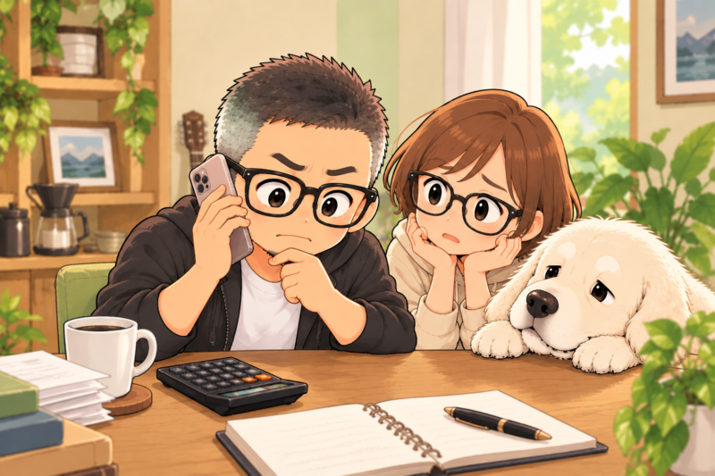 スマホを耳に当てて驚いている私。その横で妻と白いワンコが「どうだった?」と少し心配そうに見ている