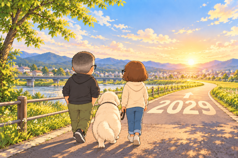2029年と書かれた道の先を、私・妻・白いワンコが並んで歩いていく後ろ姿。