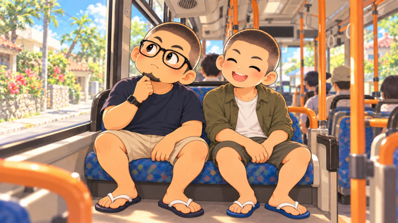 バスの車内で放送を聴いている父と息子。