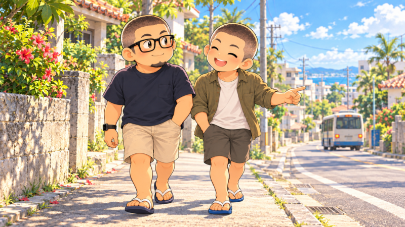 息子と沖縄の街を歩く父。