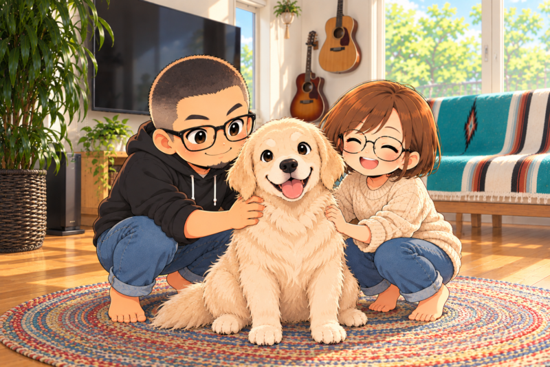 足先がまんまるになったワンコを、父さんと母さんが笑顔で見守る。