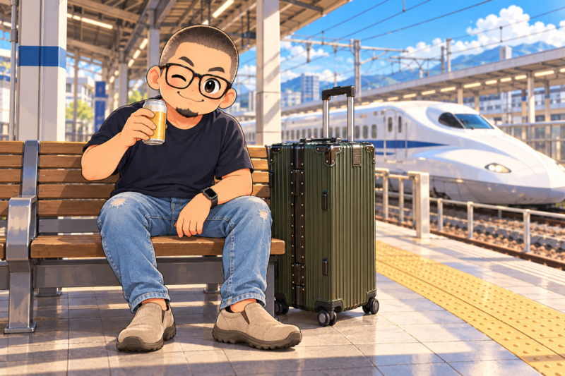 新幹線ホームですでにビールを飲む父。