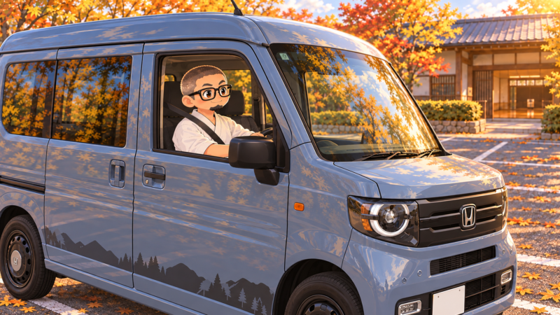 弓道着でN-VANの運転席へ。私にはなかなか良いポジションだった。