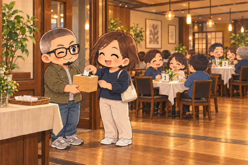 会場で席順のくじを引いてもらう宴会部長
幹事として働く姿と、奥で談笑する仲間たち。