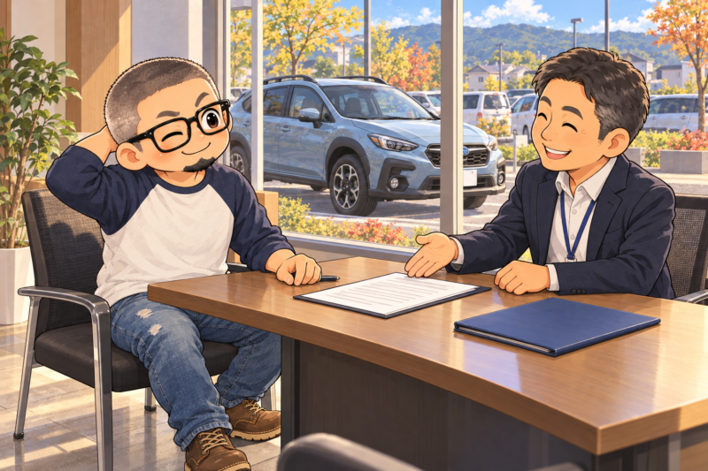 買取契約が交わされ、ほっと一息ついている父。