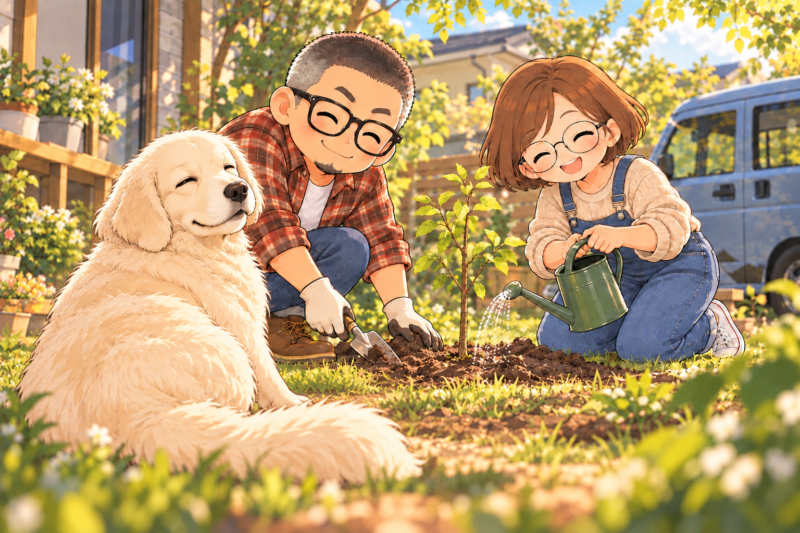時間をかけて育つ未来をイメージした、若木を植える家族とワンコ。