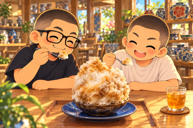 大きなかき氷を、父子でいただく。