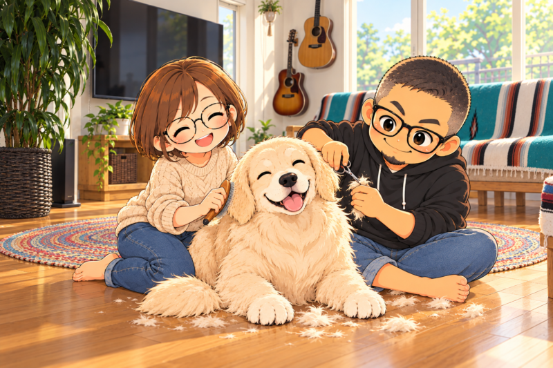 父さんと母さんに毛を整えてもらう、ふさふさのワンコ。