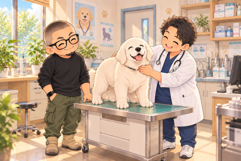 楽しそうに動物病院の先生と触れ合うワンコ。問題は何もなし。