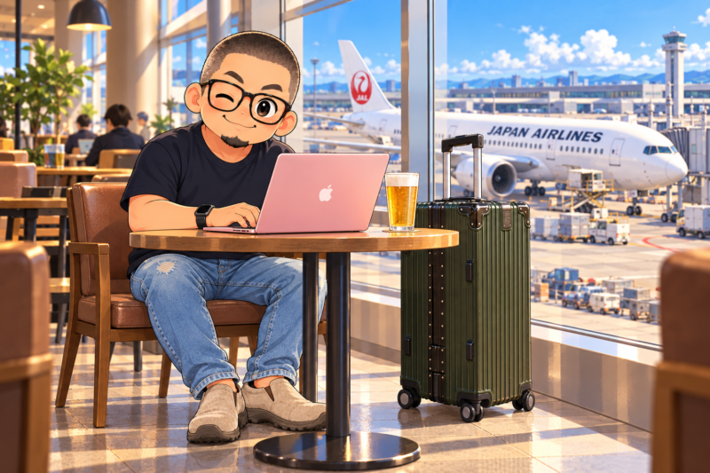 空港ロビーで飛行機を待ちながらブログを書く父のイラスト
