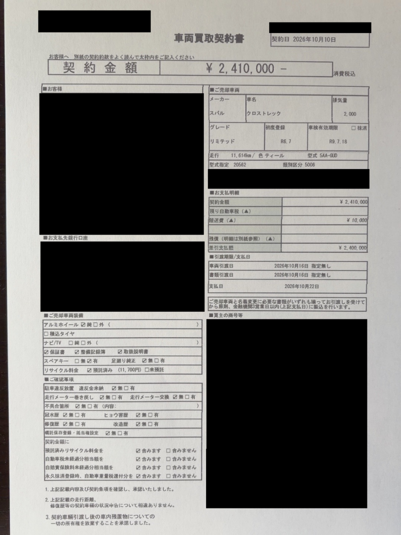 公開用のクロストレック買取契約書。