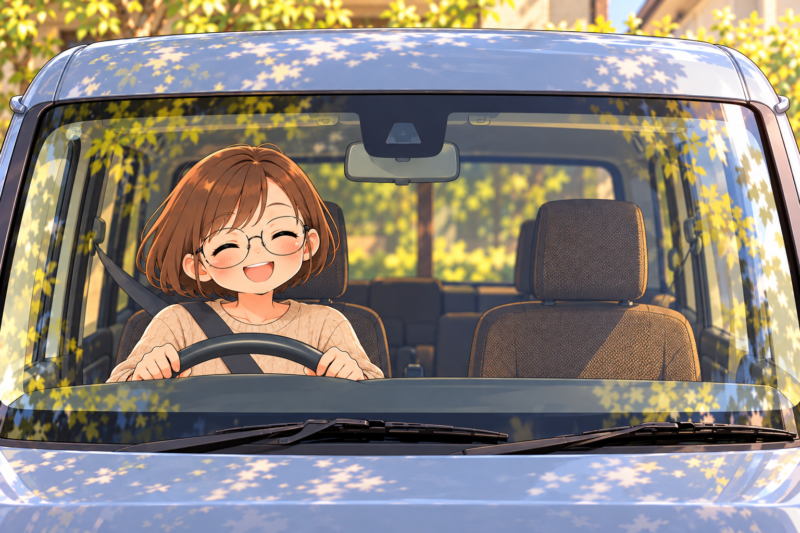 N-VANのフロントガラス越しに、運転席で笑う妻のイラスト