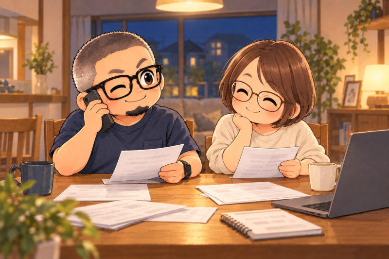 テーブルで電話をしながら確認する父と、隣で手伝う奥さん。