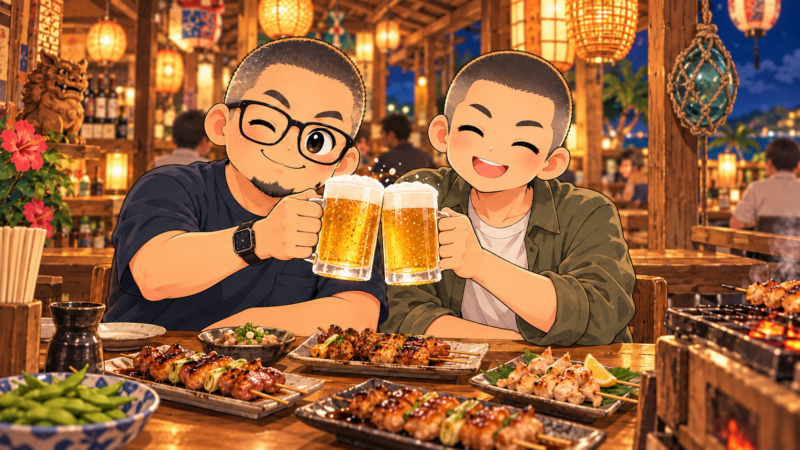 沖縄の焼き鳥屋で久しぶりに会った長男と乾杯する父のイラスト