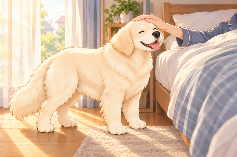 朝の起こし係の節：ベッドの脇に立ち、高校生のお兄ちゃんに頭をなでてもらうワンコ。